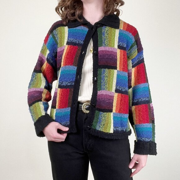 Vintage Rainbow Wool Cotton Cardigan Sweater Oversized Patchwork Eclectic Pride - Picture 1 of 8
